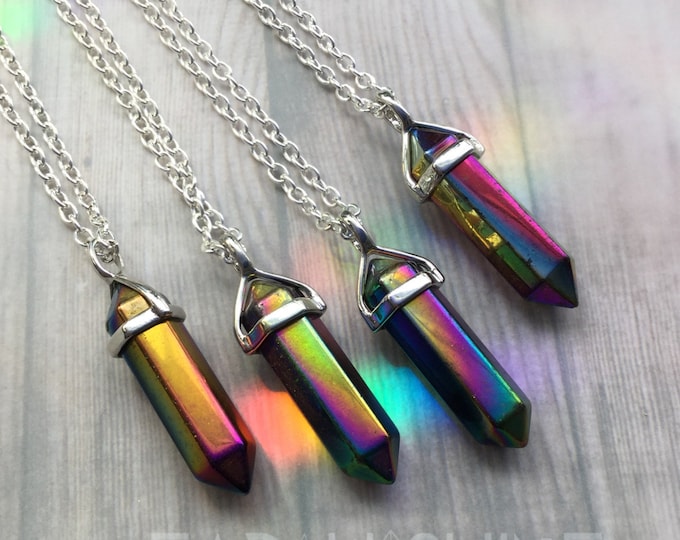 Crystal point Titanium Flame Aura Peacock Aura Quartz choker or long necklace, rainbow titanium, crystal necklace