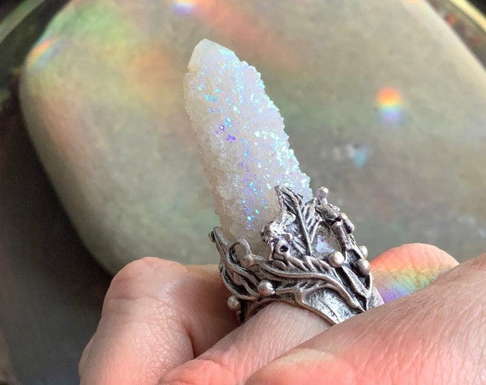 Angel Aura Spirit Quartz Ring, Cactus Quartz, Opal Aura, adjustable from US size 5-9