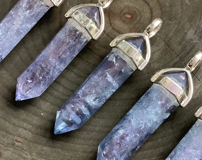 Blue Tanzine Aura Quartz Crystal point necklace or pendant, Tanzan Indigo Flame