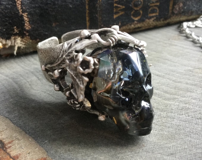 Black Skull ring, Mens Gothic Crystal skull, Unisex large adjustable band fits US size 5 to 10