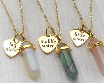 Sisters Gold Crystal necklaces, Little Sister, Big Sister, Middle Sister, YOU CHOOSE your Gemstone, Gold tone Friendship necklaces,