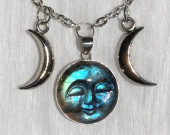 Labradorite Triple Goddess Moon necklace, Spectrolite gemstone, Wiccan jewelry