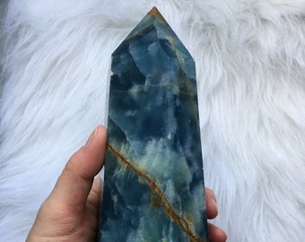 8” Argentinian Blue Onyx crystal point, Lemurian Aquatine Calcite, leaning obelisk, tower generator Natural undyed stone