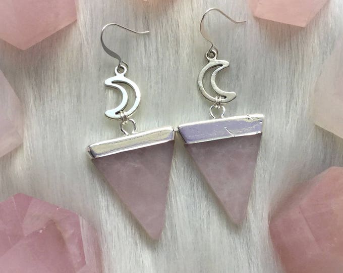 Rose Quartz Moon Earrings, choose your ear hooks or clip on