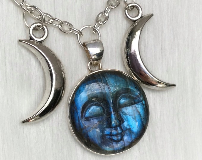 Labradorite Triple Goddess Moon necklace, Hecate Carved gemstone pendant, Wiccan jewelry