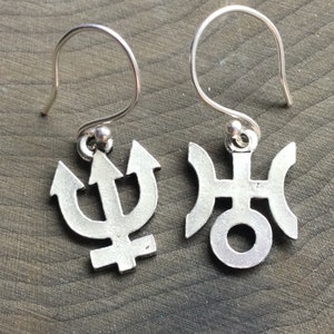 Planet Symbol Glyph Earrings, you choose your pair Jupiter, Saturn, Neptune, Mars, Mercury Uranus, Pluto, Venus, .925 silver hooks