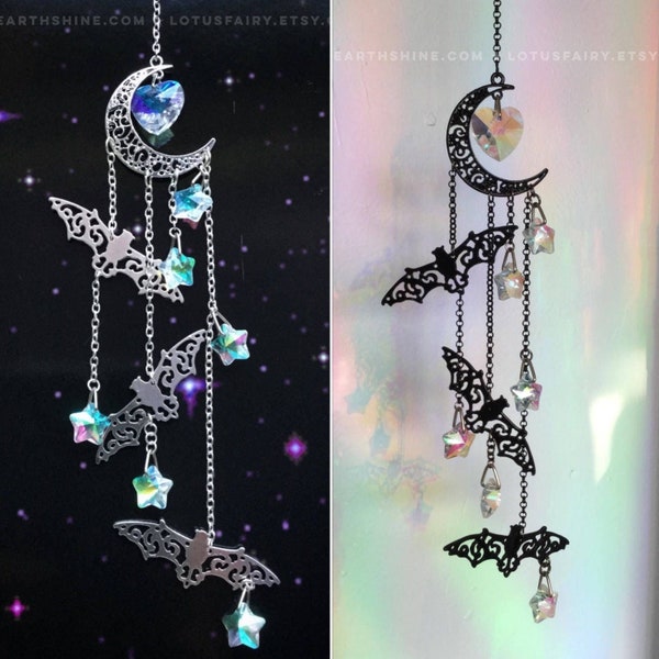 Moon Bat Suncatcher, Crystal Rainbow Spooky Goth Home Decor - Witchy Gothic Gift, Two sizes to choose from