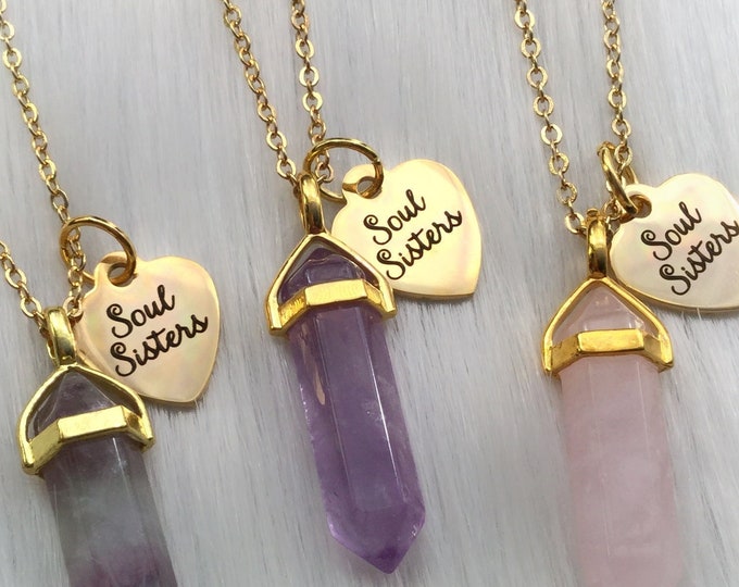 Set of 3 Soul Sisters Gold Crystal necklaces, YOU CHOOSE your Gemstone, Gold tone Friendship necklaces,
