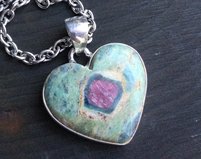 Ruby in Fuchsite Heart necklace, Sterling gemstone pendant with stainless steel chain, Gift for Valentine, Chunky chain