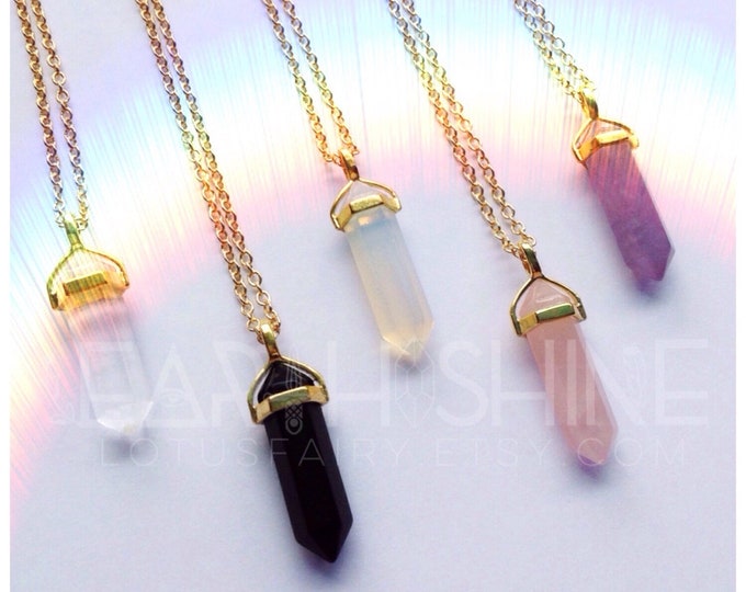 Gold Crystal Necklace, Your choice of gemstone Point pendant, choker necklace, Opalite, Amethyst, Rose Quartz, Obsidian, Clear quartz