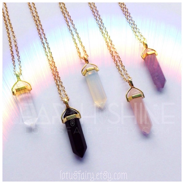 Gold Crystal Necklace, Your choice of gemstone Point pendant, choker necklace, Opalite, Amethyst, Rose Quartz, Obsidian, Clear quartz