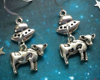 UFO Alien Cow abduction earrings, silver dangle clip ons or pierced ears