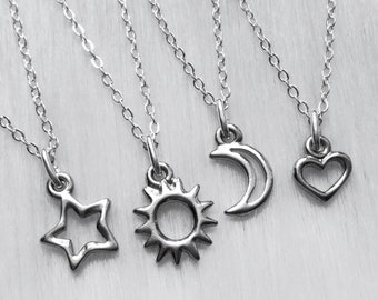 Silver Friendship necklaces, Sun Moon Star and Heart, set of two, three or four, dainty 18" silver plated chain