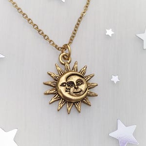 Gold Sun and Moon Charm Necklace, soulmates, Gift for her image 1