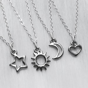Silver Friendship necklaces, Sun Moon Star and Heart, set of two, three or four, dainty 18" silver plated chain