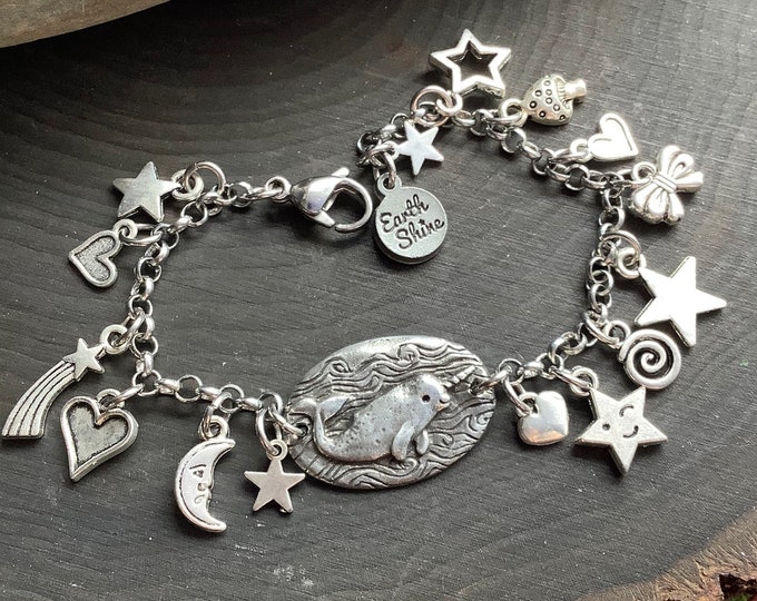 Silver Charm Bracelet, Moon Stars Narwhal Unicorn of the Sea, unique whimsical ocean lover jewelry gift