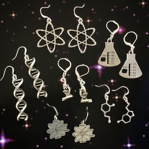 Molecule Earrings, Science themed jewelry, Microscope, Chemistry DNA Atom Molecules, pierced or clip ons