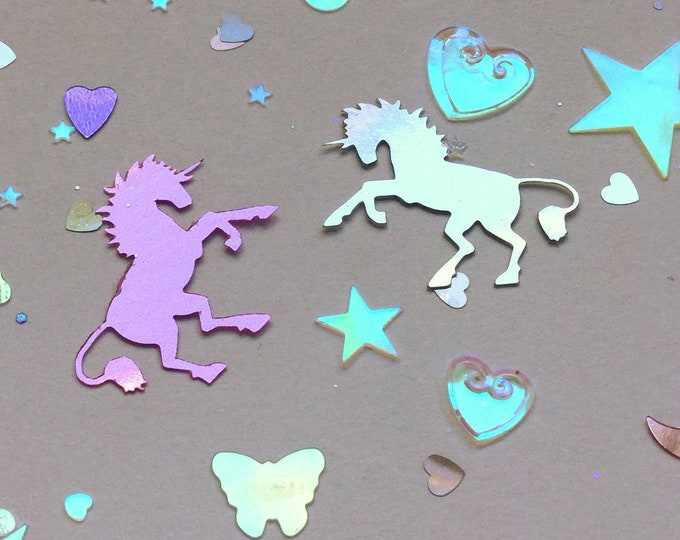Unicorn Confetti mix, Hearts and Stars, Iridescent pearlescent mix, Pink and Silver, 25g bag of PVC plastic for crafts