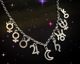 Moon and Planet Glyph necklace, Astrological planetary symbols, Mercury, Venus, Mars, Jupiter, Saturn, Uranus, Neptune, Pluto or Chiron