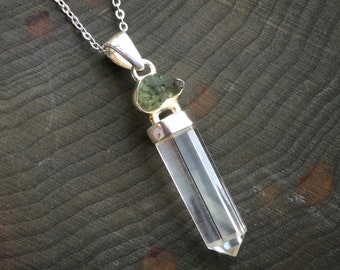 Moldavite Quartz crystal necklace, genuine gemstone pendant, unisex mens jewelry, genuine tektite