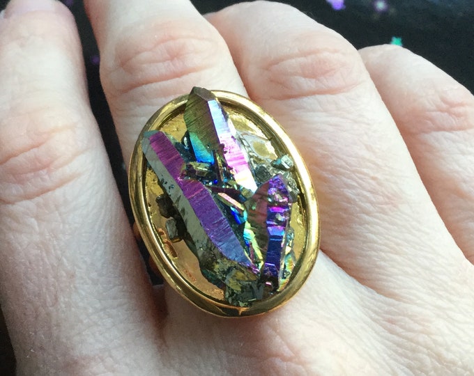 Crystal Ring, Rainbow Titanium, quartz cluster with pyrite, druzy, druse, cocktail, statement ring