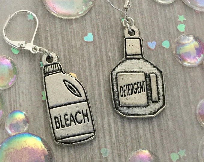 Laundry Bleach Bottle Earrings, Fun Mismatched silver dangle with your choice of ear hooks or clip on