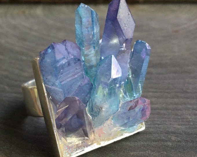 Crystal ring, Aqua Aura, Vera Cruz Amethyst and Tanzine Aura Crystal Quartz druzy ring