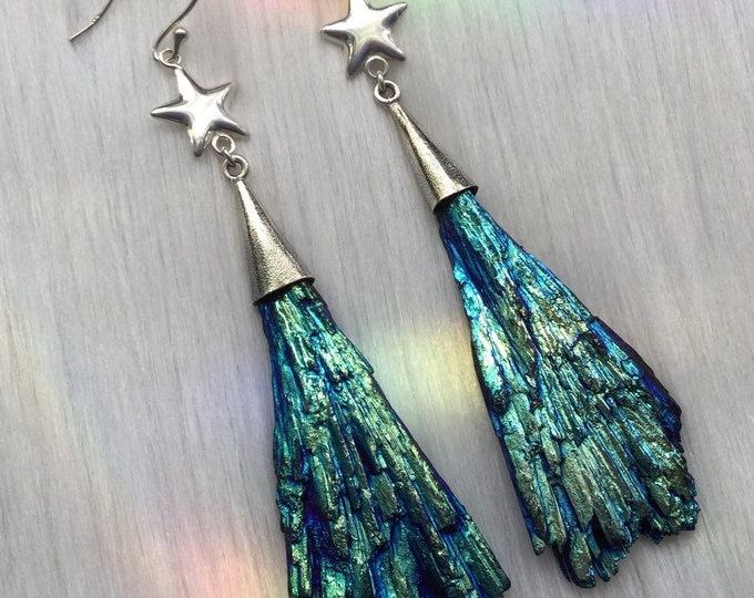 Large Shooting Star Earrings, Kyanite Gemstone, Rainbow Titanium Gemstone, Blue Peacock Ore color