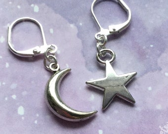 Small Moon and Star earrings, mismatched, your choice of ear hooks, sold per pair (leave qty as 1)