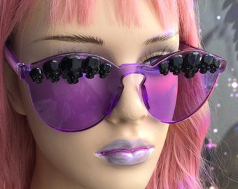 Embellished Glasses, Purple Tint Eyewear, with Rhinestone Crystal skulls, OOAK