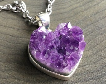 Amethyst Druzy Heart necklace, choker or long necklace, purple gemstone, February birthstone