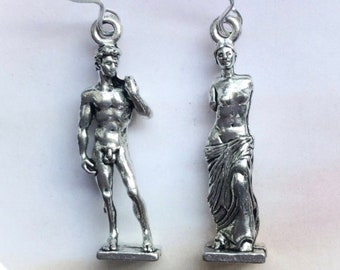 Venus de Milo and David Statue Art earrings in silver pewter or gold plated, gift idea for artist, (leave qty as 1 to receive 1 pair)