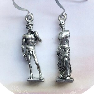 Venus de Milo and David Statue Art earrings in silver pewter or gold plated, gift idea for artist, (leave qty as 1 to receive 1 pair)