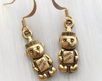 Honey Bear bottle earrings or clip ons, 22k gold plated pewter charm necklace