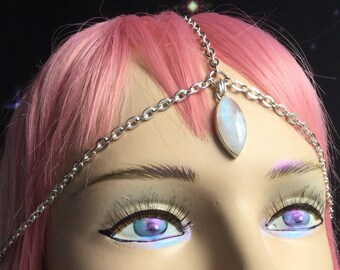 Rainbow Moonstone Head Chain, Boho wedding accessories, Hair jewelry