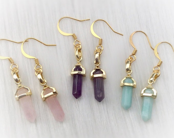 Crystal Earrings, Dainty Gemstone minimalist, Gold Amethyst, Amazonite or Rose Quartz, ear hooks or clip ons