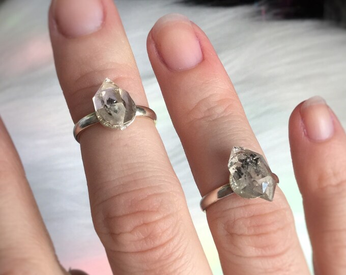 Herkimer Diamond Crystal Midi Ring, Double terminated Quartz crystal, Adjustable small pinky ring