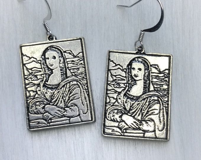 Silver Mona Lisa Earrings, your choice of ear hooks, clip ons, Da Vinci, Fine Art teacher, student gift idea, sold per pair (leave qty as 1)