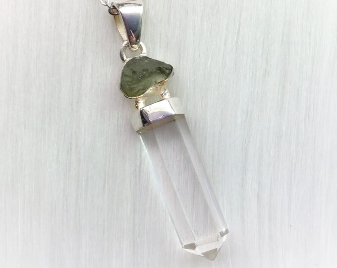 Quartz Point necklace with Moldavite, genuine gemstone pendant, unisex mens jewelry, genuine tektite