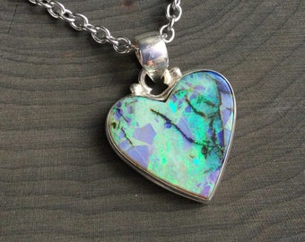 Monarch Opal Heart necklace, sterling silver pendant with stainless steel chain,