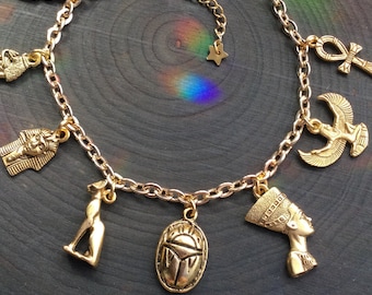 LAST ONE Egyptian Charm bracelet, Scarab, Ankh, Goddess Gold charms