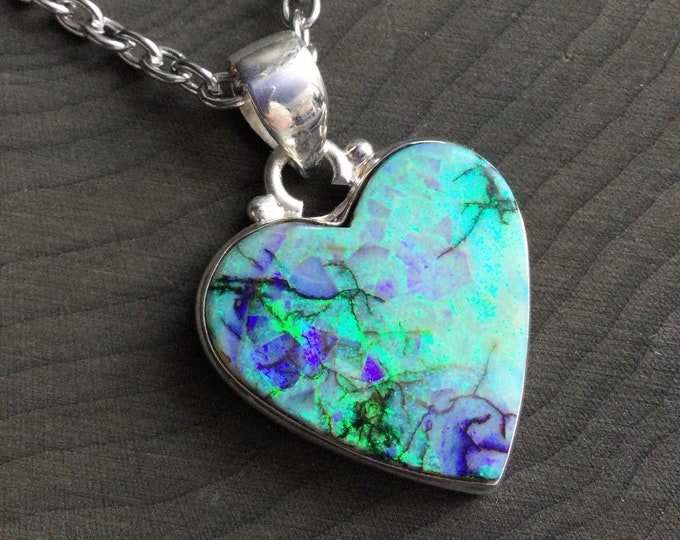 Monarch Opal Heart necklace, sterling silver pendant with stainless steel chain,