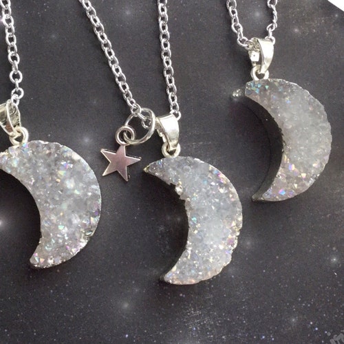 SALE Druzy Moon necklace, Silver agate gemstone