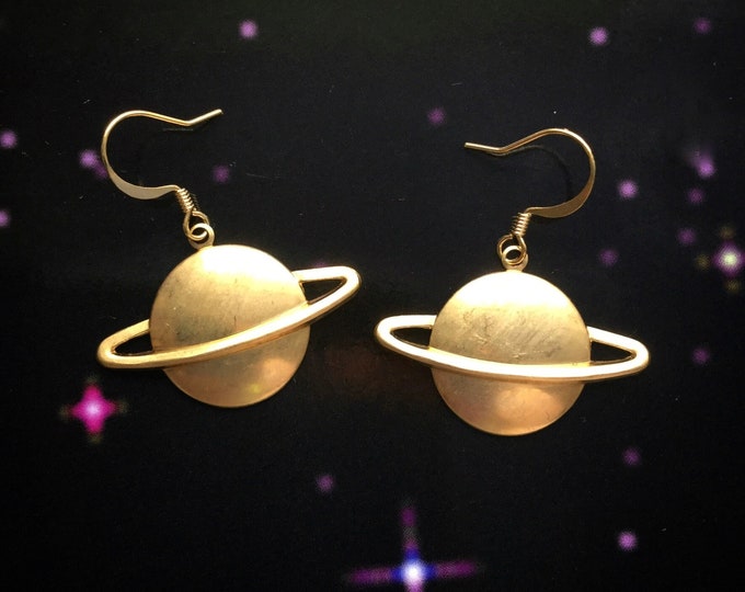 Saturn Earrings, lightweight brass stamped planet, space themed jewelry, clip on or piercing