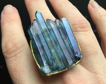 AQUA AURA Crystal Ring, Genuine Aura Crystals, adjustable statement ring