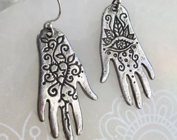 Hand Earrings, ornate henna design, artist gift idea, on your choice of ear hooks (sold per pair, leave qty as 1)