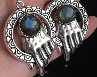 Labradorite Hand earrings, long silver for regular or stretched ears, Sold per pair (leave listing qty as 1)