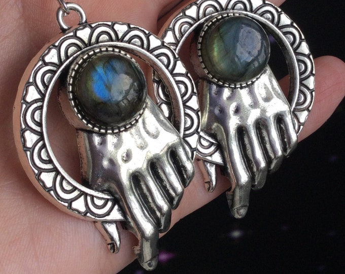 Labradorite Hand earrings, long silver for regular or stretched ears, Sold per pair (leave listing qty as 1)
