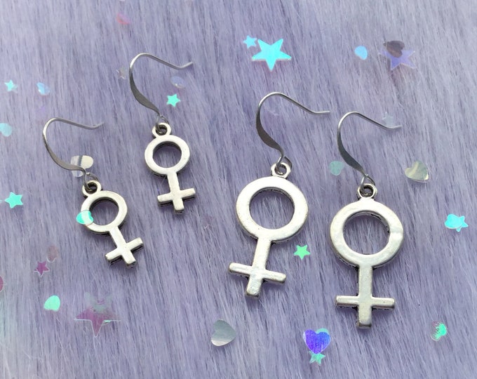 Female Symbol earrings, Venus glyph, pierced or clip on, sold per pair