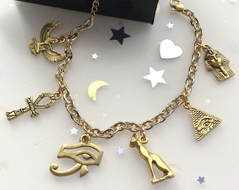 Egyptian Charm Bracelet, Eye of Ra, Winged Goddess Pyramid, Bastet